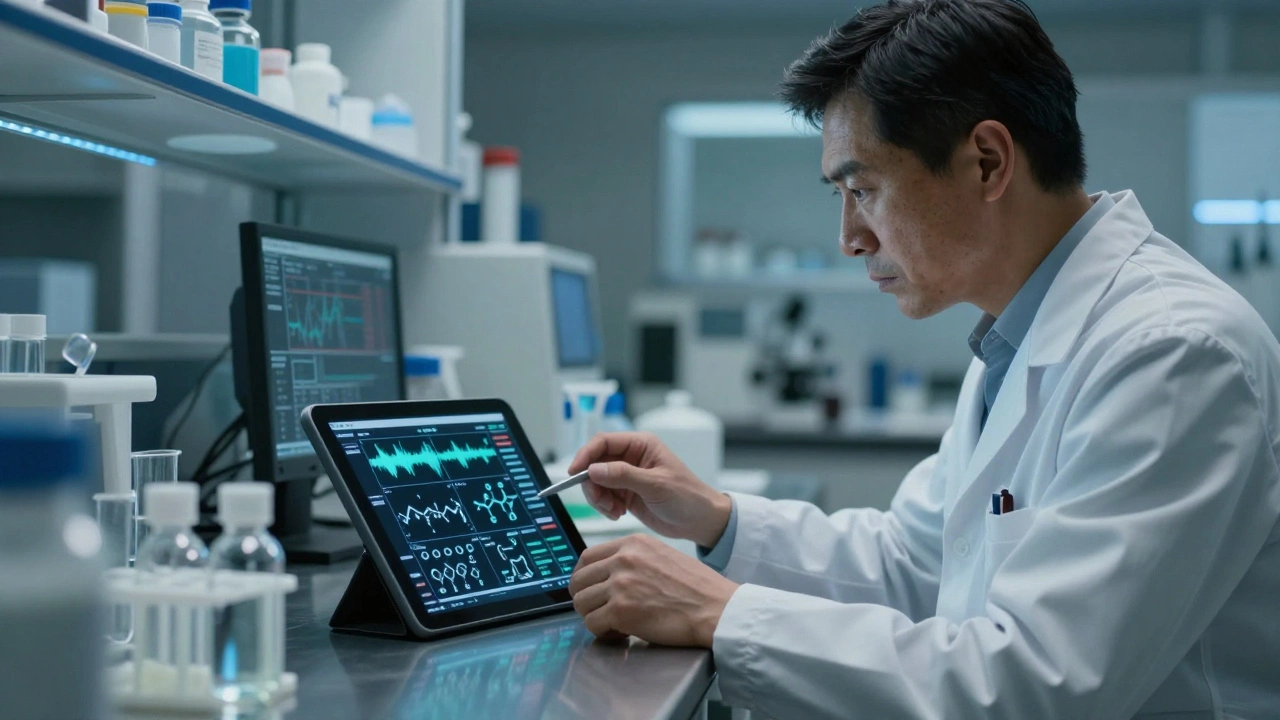 Toxicologist analyzing drug data in a forensic laboratory setting.