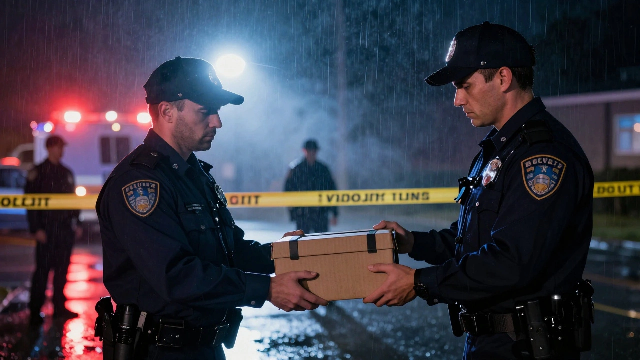 Two detectives exchanging case files during a tense night shift handoff.