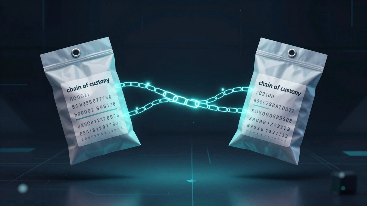 Two evidence bags connected by glowing chains symbolizing custody