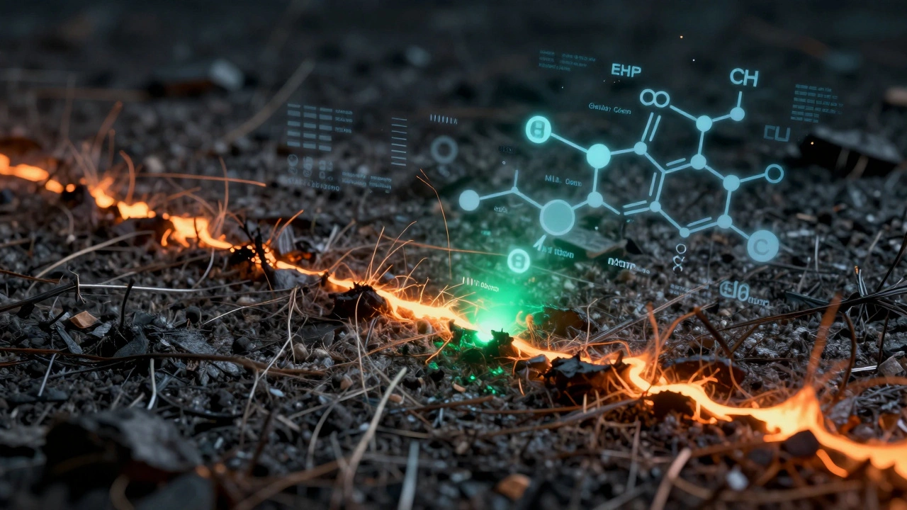 UV light revealing fuel residue in burnt materials