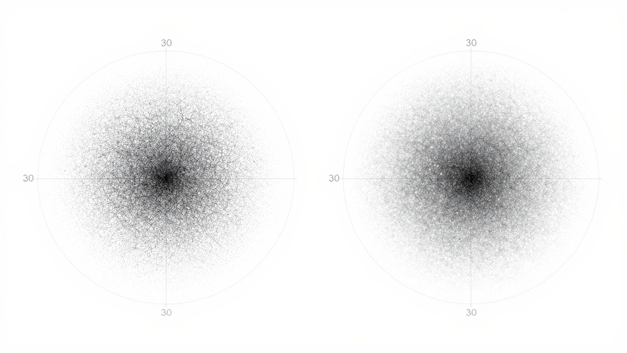 Visual comparison of dense versus wide shotgun pellet spread patterns.