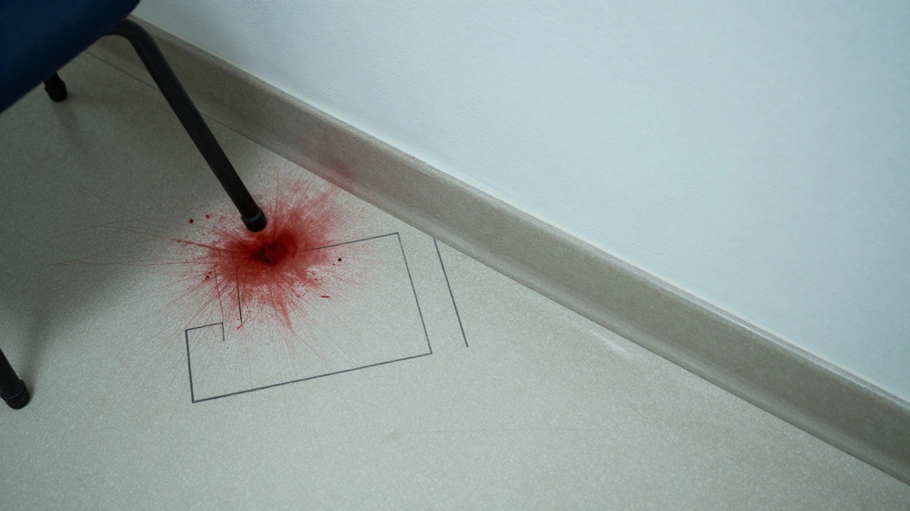 Void pattern on a splattered wall indicating where an object stood