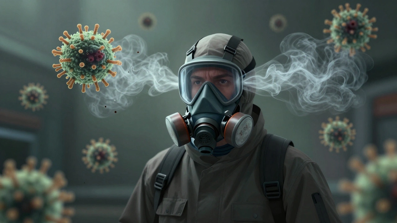 Worker protected by respirator from invisible airborne biohazards.