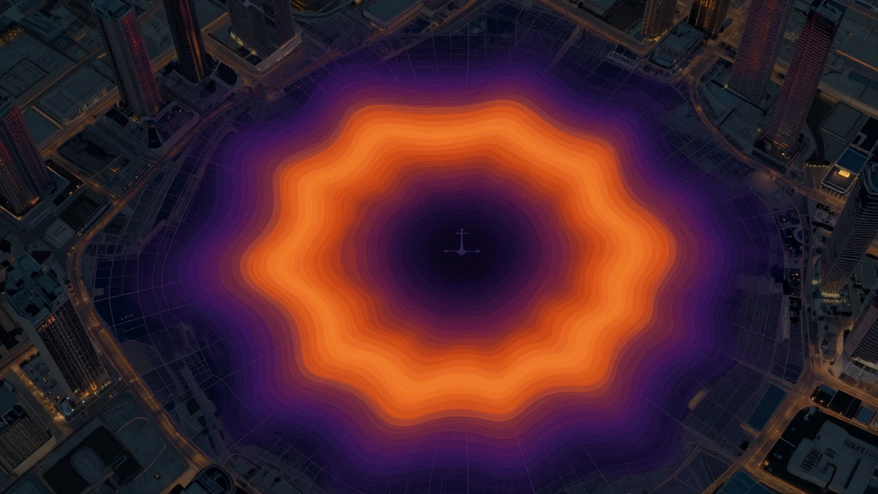 Abstract visualization of buffer zones and probability heat maps on a city grid