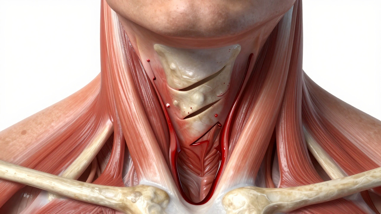 Anatomical view of fractured hyoid bone and neck muscle hemorrhage