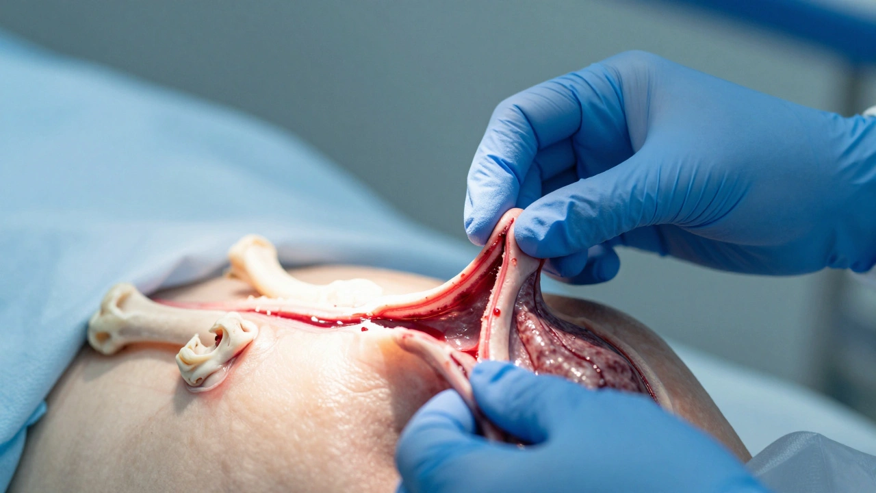 Forensic dissection revealing deep neck muscle hemorrhage and fractured hyoid bone