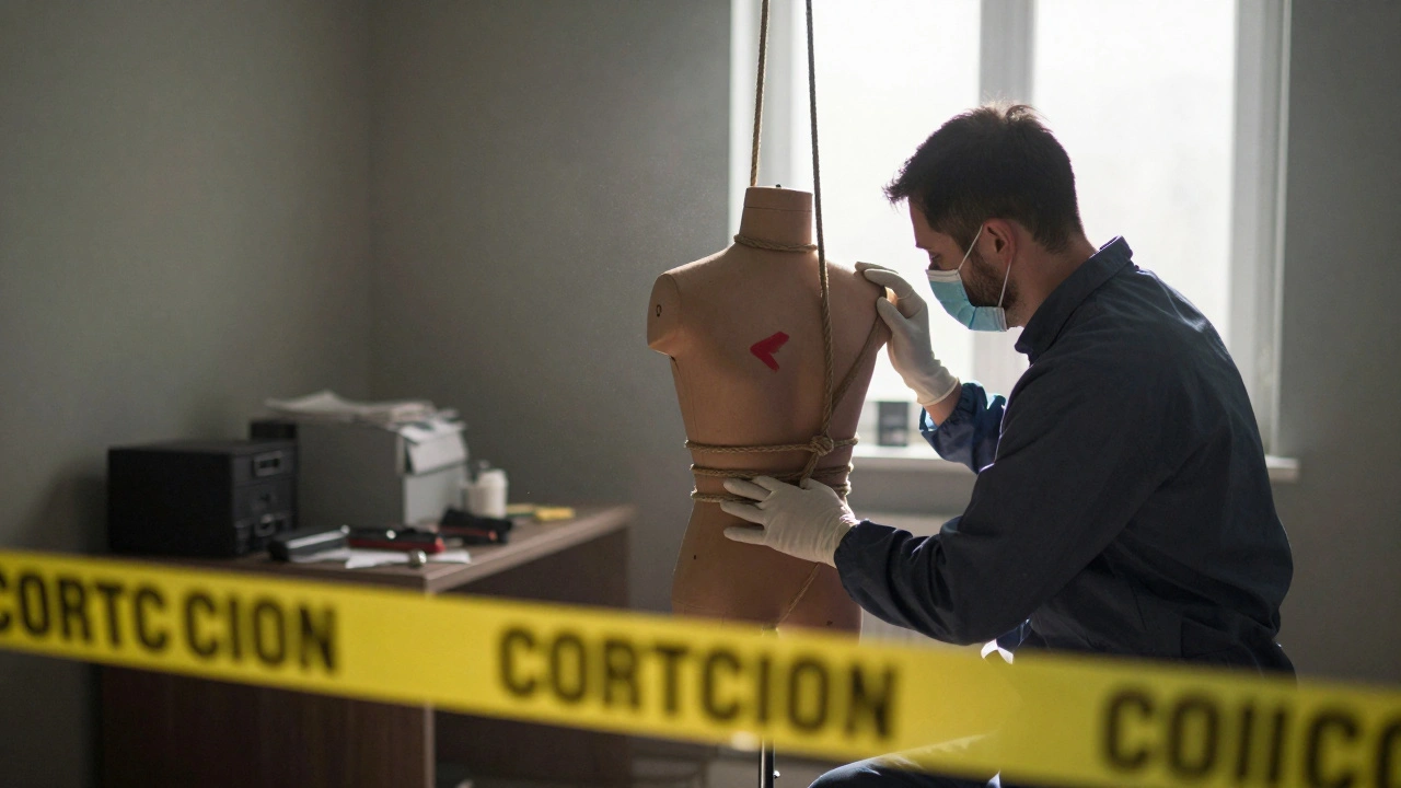 Forensic investigator analyzing ligature marks to distinguish hanging from strangulation