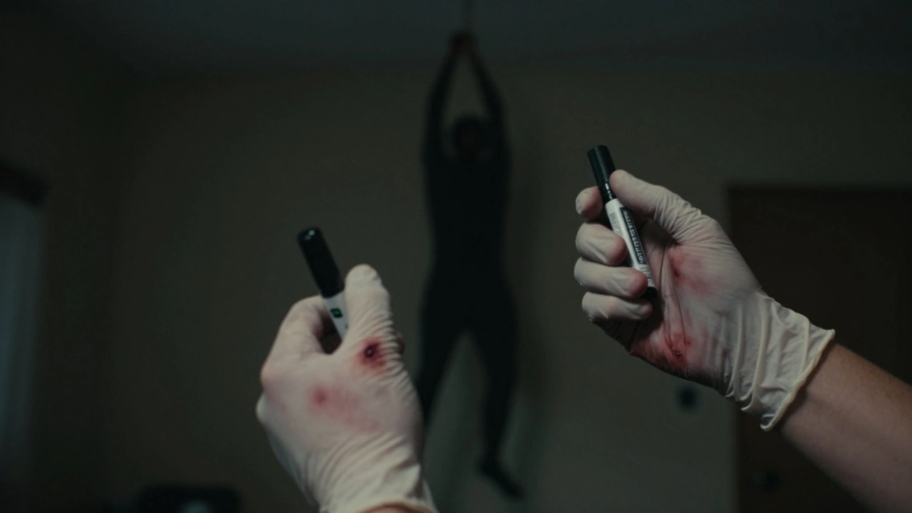Forensic scene highlighting defensive hand injuries and suspended body