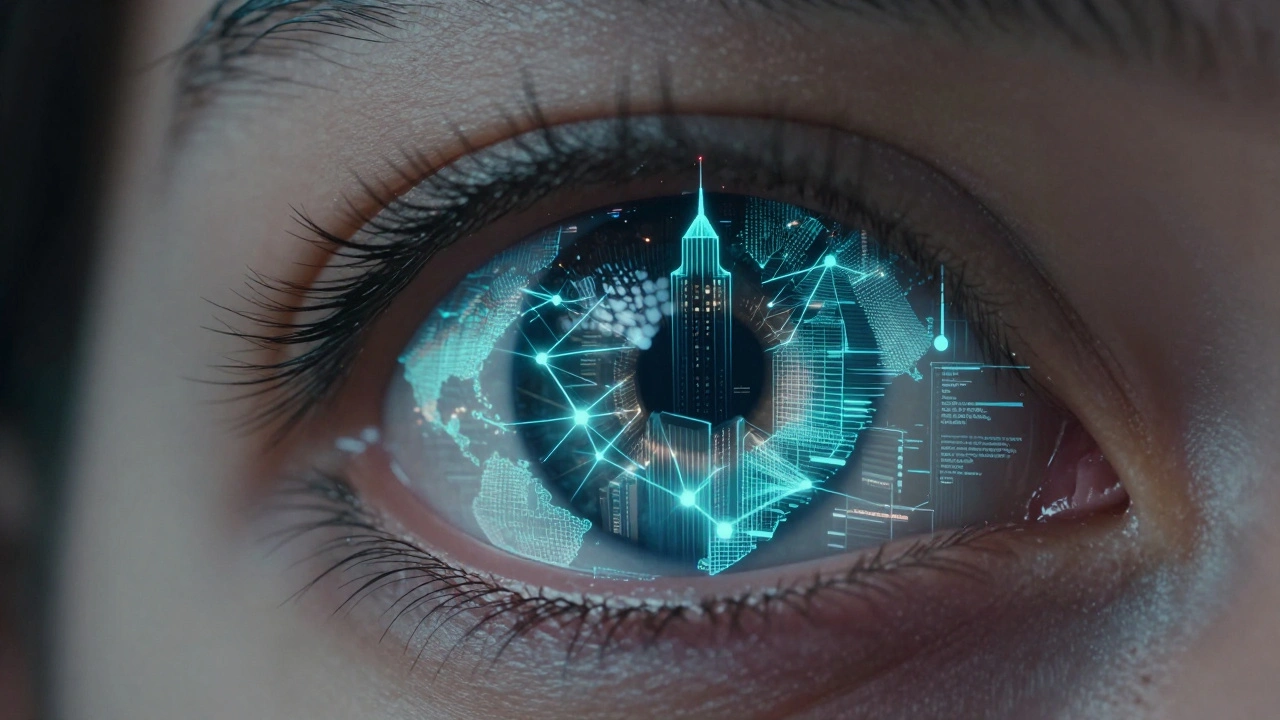 Holographic AI city model reflected in an investigator's eye