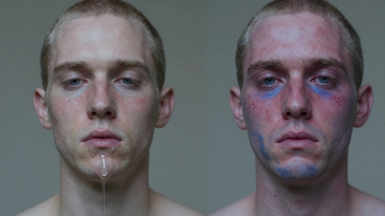 Pale face with saliva vs cyanotic face with petechiae showing asphyxia differences
