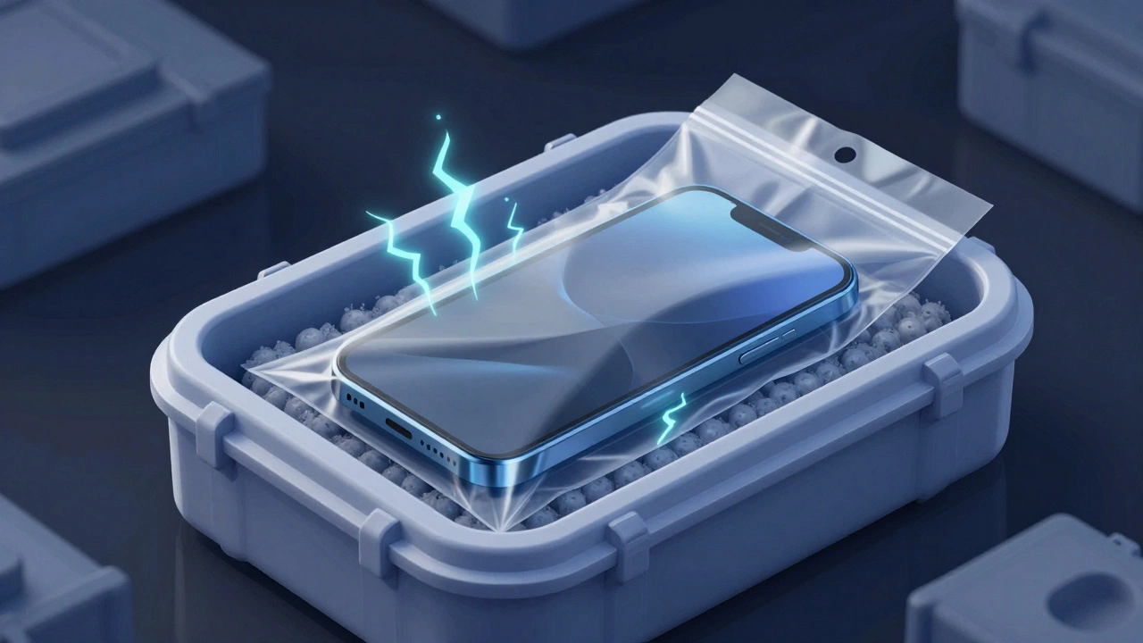Smartphone in anti-static bag protected in rigid case