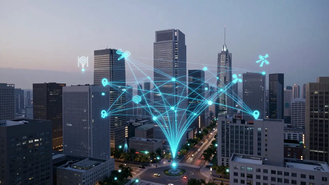 3D visualization of satellite and cell tower networks over a city