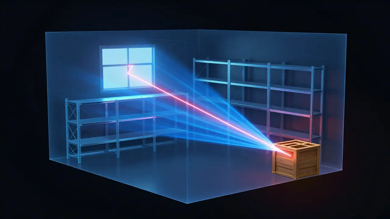 3D wireframe model showing a laser-scanned ricochet trajectory in a digital space