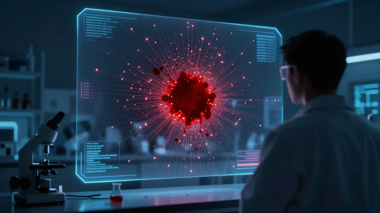 A 3D holographic display of bloodstain patterns and satellite distribution in a lab.