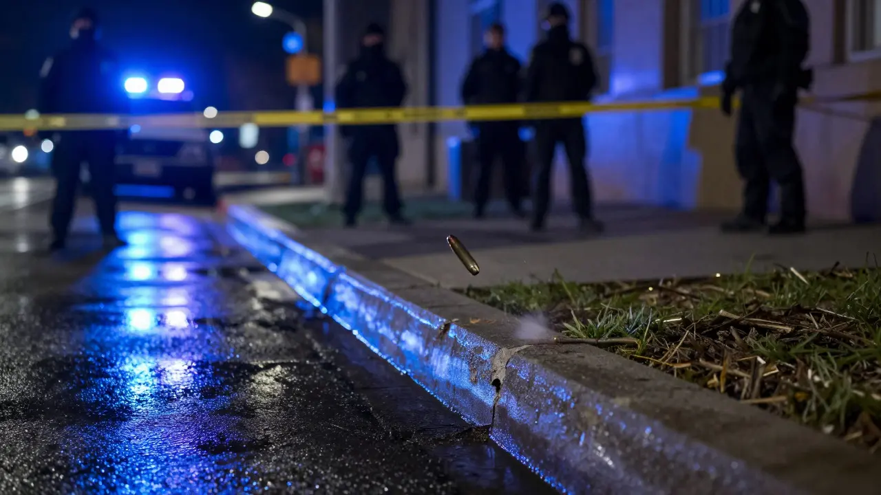 A bullet ricocheting off a concrete curb in a dark, blue-lit crime scene