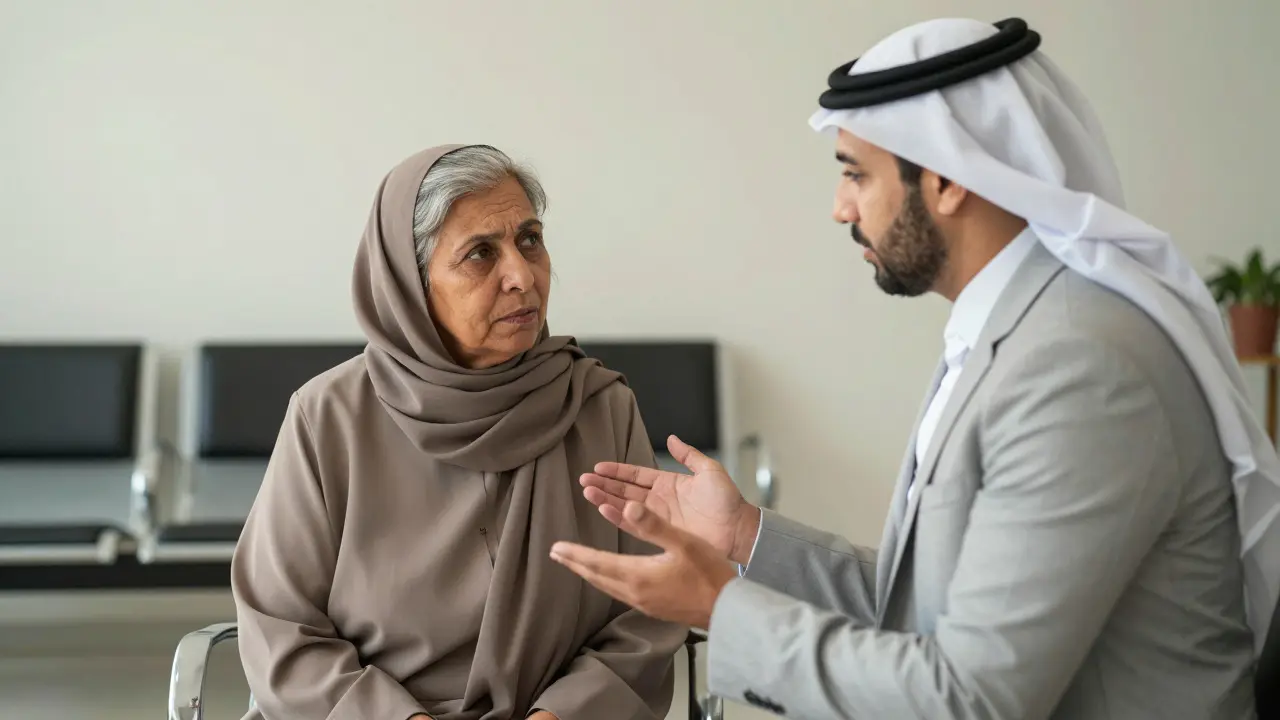 A community liaison speaking respectfully with an elderly family elder in a softly lit office