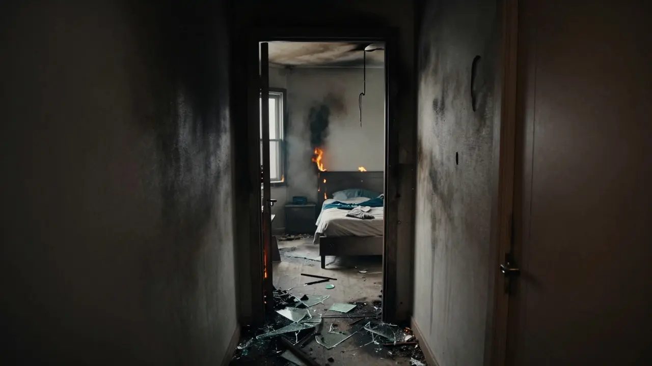 A damaged hallway showing heavy soot next to a bedroom with clearer fire spread signs