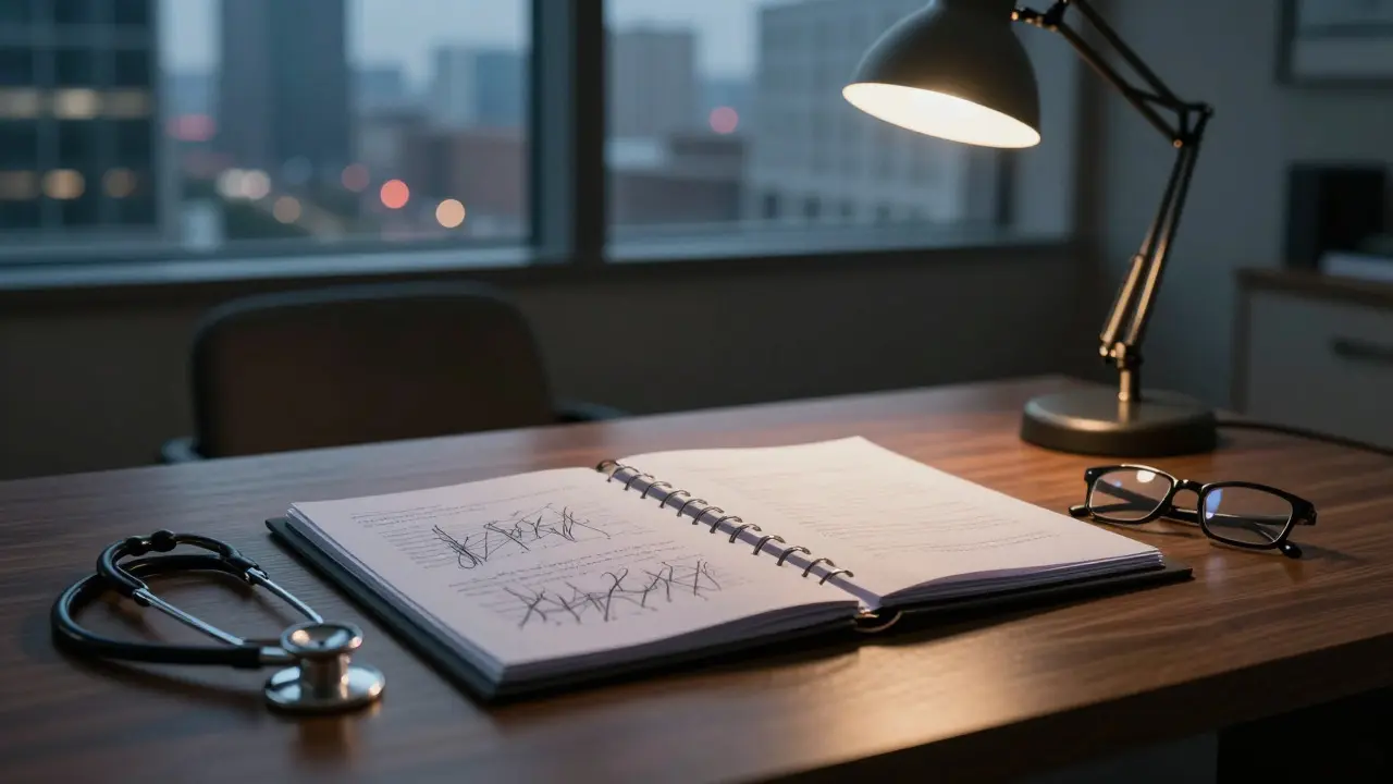 A dimly lit office desk with case files and medical tools next to a city view at dusk