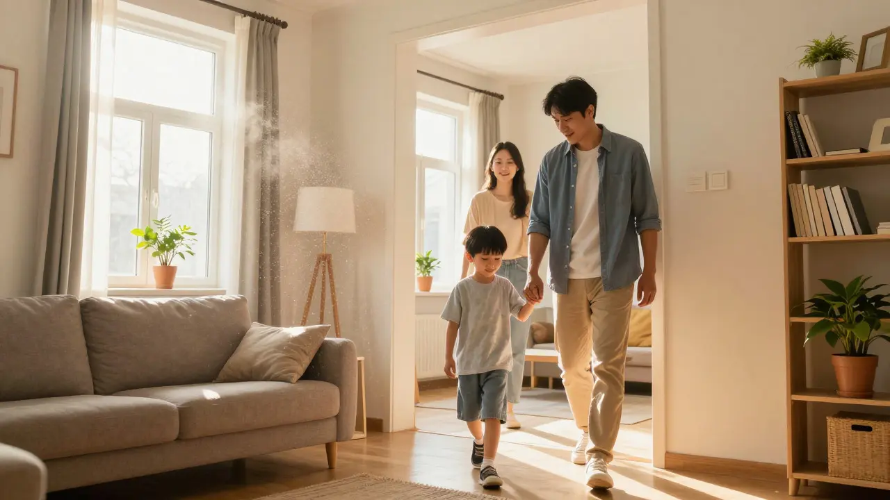A family walking into their sunlit, restored living room, symbolizing the return of normalcy and safety.