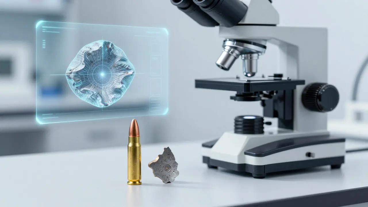 A forensic lab setup comparing a damaged bullet fragment using advanced imaging