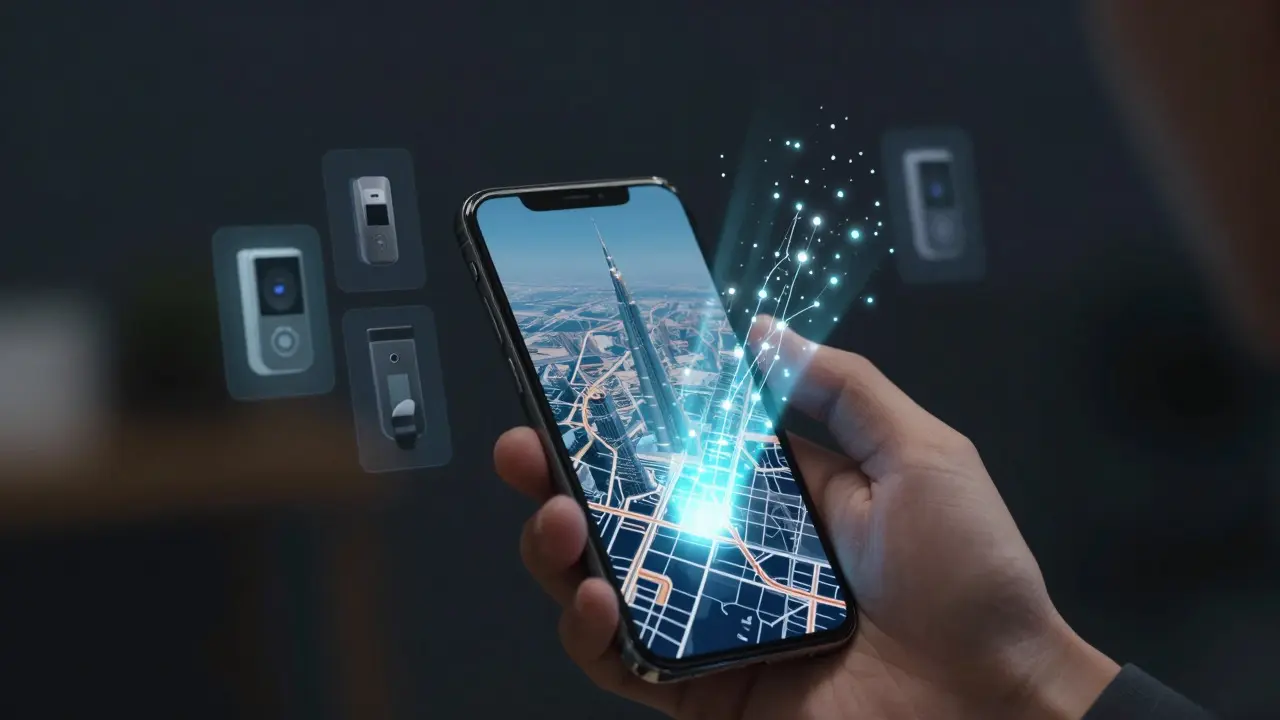 A hand holding a phone projecting a holographic map, symbolizing digital evidence trails in investigations.