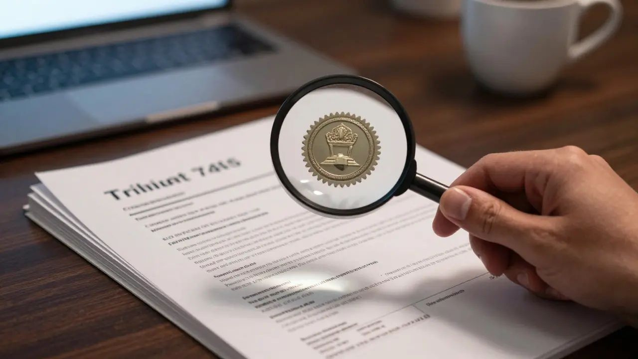 A hand using a magnifying glass to inspect professional credentials and certificates
