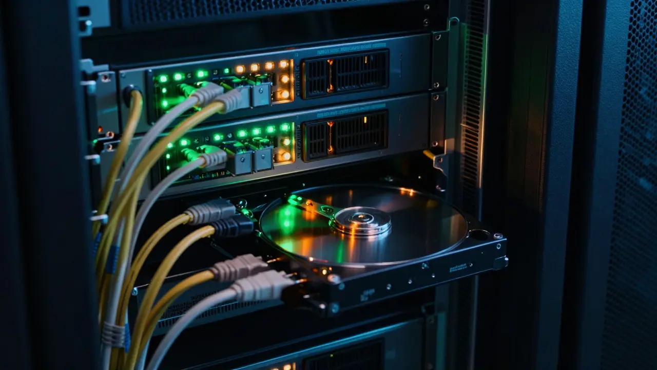 A hard drive being inserted into a server rack with glowing data cables