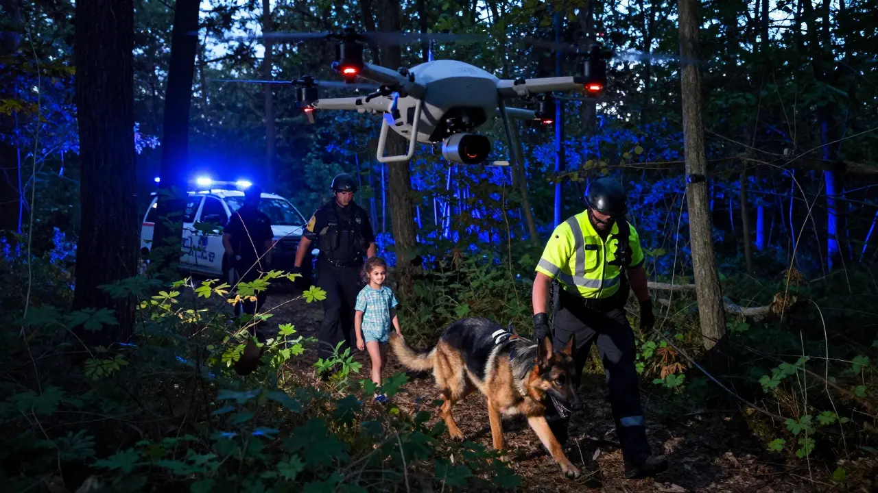 A K-9 unit tracks a scent trail in a forest while a police drone monitors from above at twilight