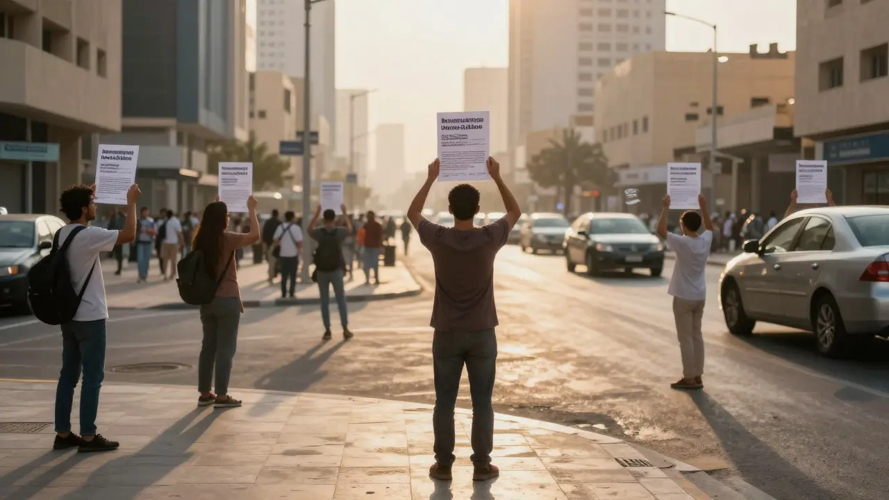 A person holding a flyer on a city street with ghostly overlays showing the passage of time