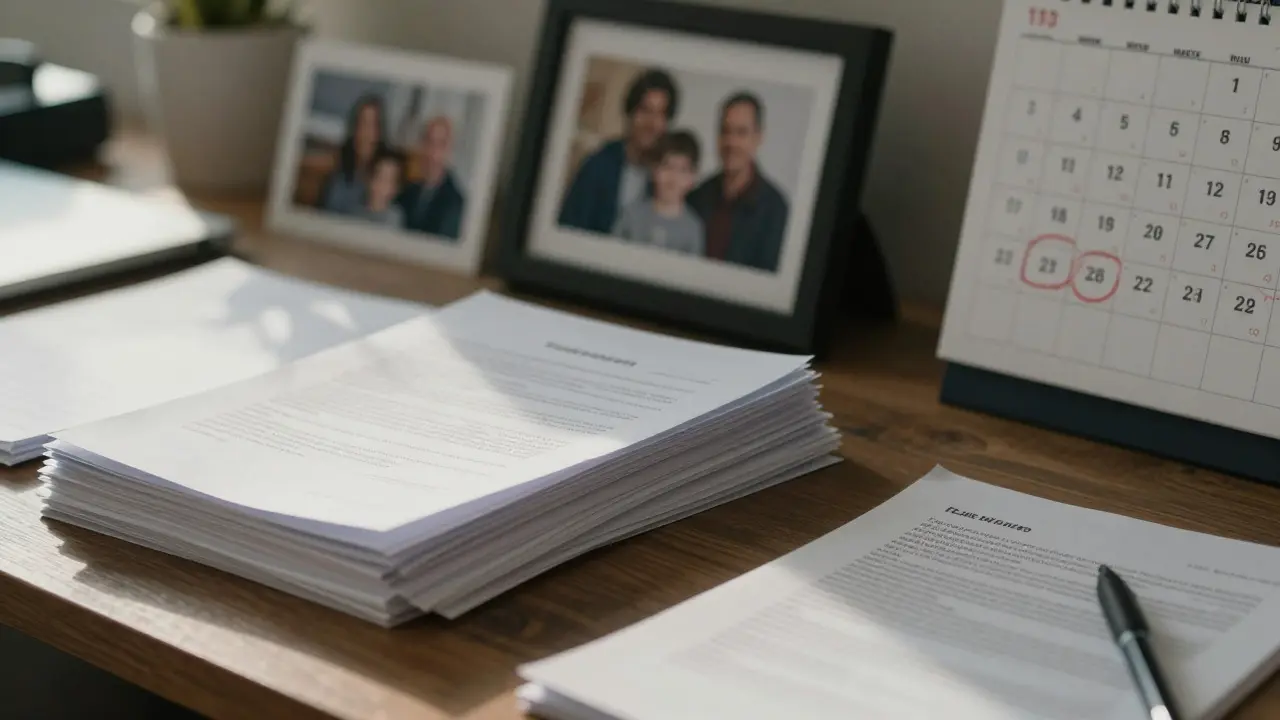 A tidy desk with documents, photos, and a marked calendar indicating careful planning