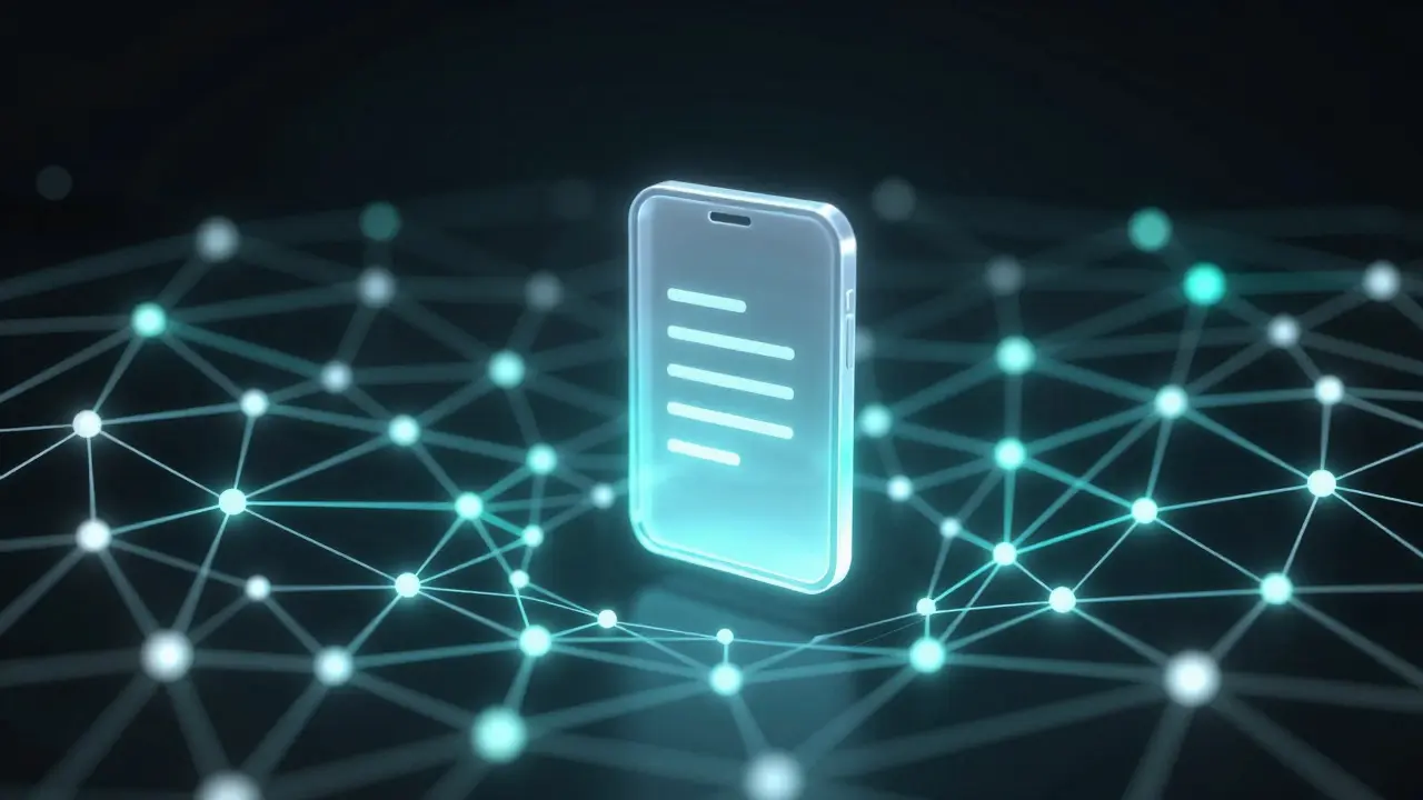 Abstract 3D illustration of a digital file secured within a glowing blockchain network