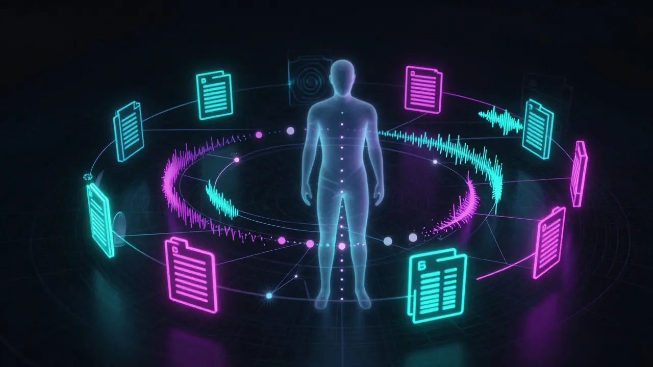 Abstract 3D visualization of digital data streams merging into a central timeline