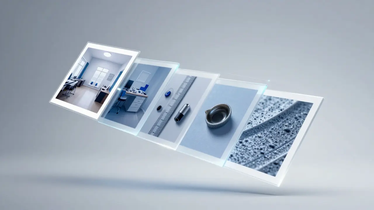 Abstract arrangement of four photo frames showing forensic documentation steps