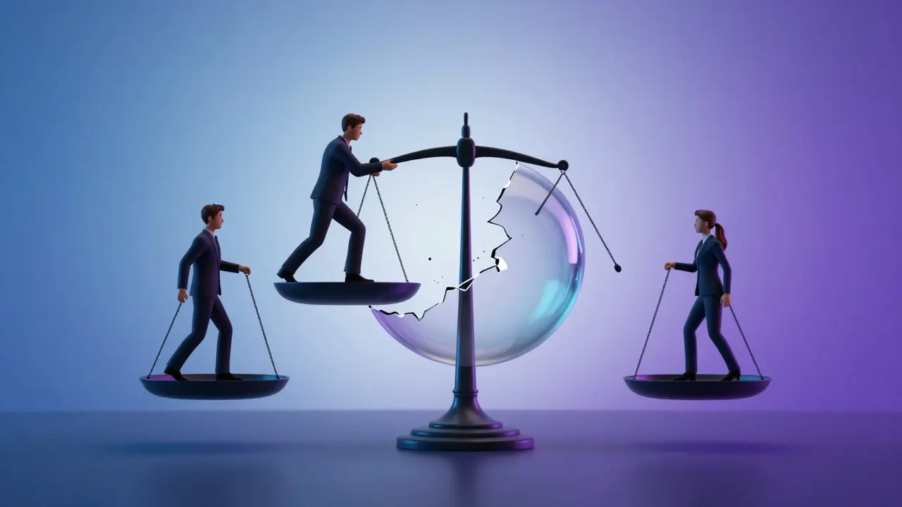 Abstract art showing a figure cutting through a fragile glass sphere on a scale