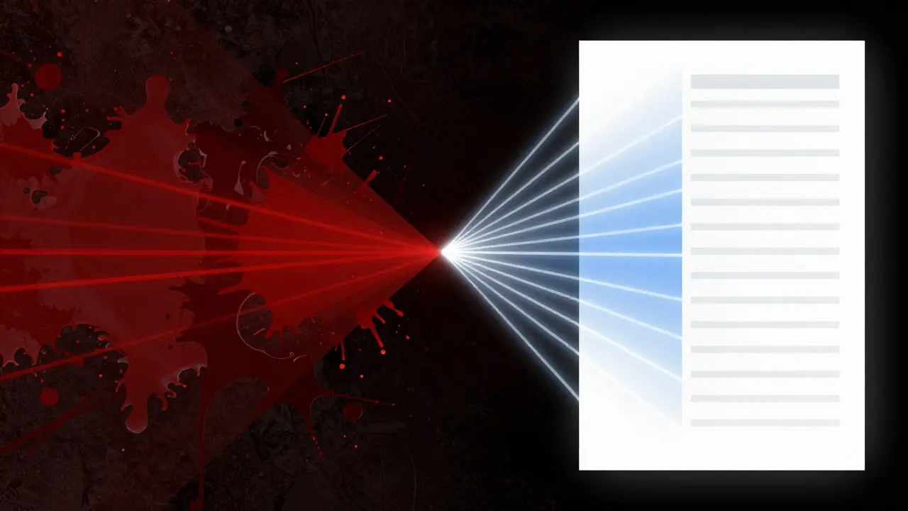 Abstract art showing chaotic bloodstains transforming into structured analytical data
