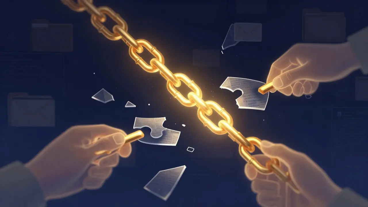 Abstract art showing hands reconstructing a broken golden chain link