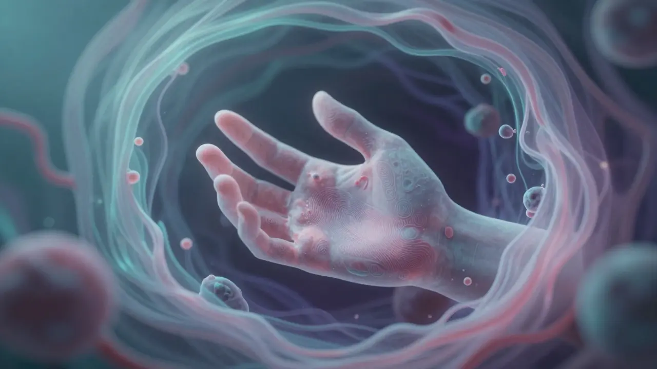 Abstract artistic depiction of a hand forming from organic fluids, symbolizing fetal development