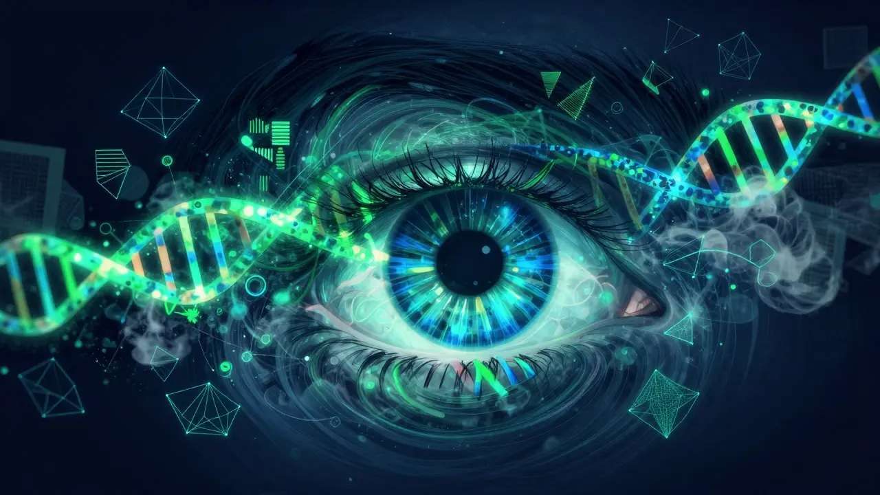 Abstract artistic representation of DNA data analysis forming an eye shape