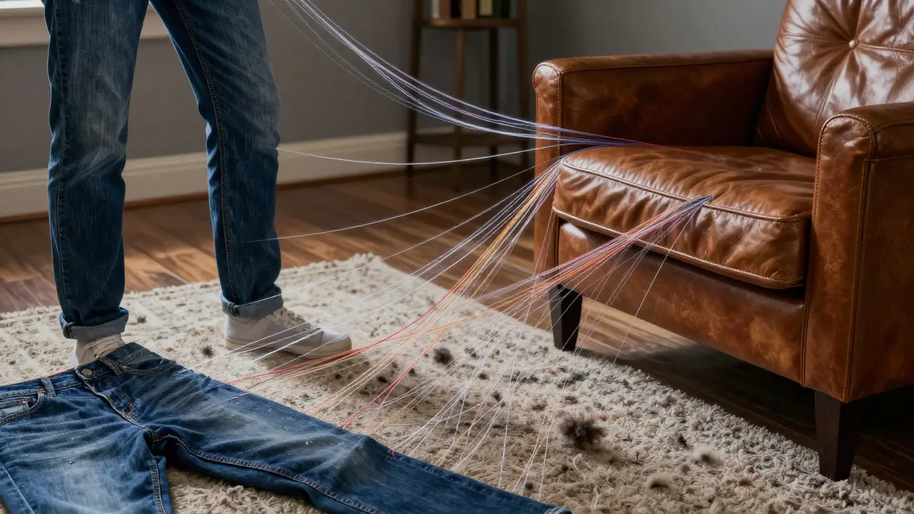 Abstract depiction of fiber transfer chains connecting clothing, chair, and carpet