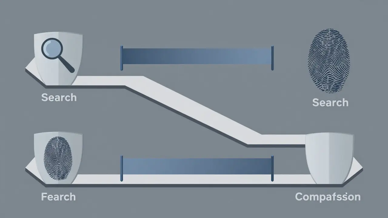 Abstract diagram representing the four stages of fingerprint analysis with protective barriers