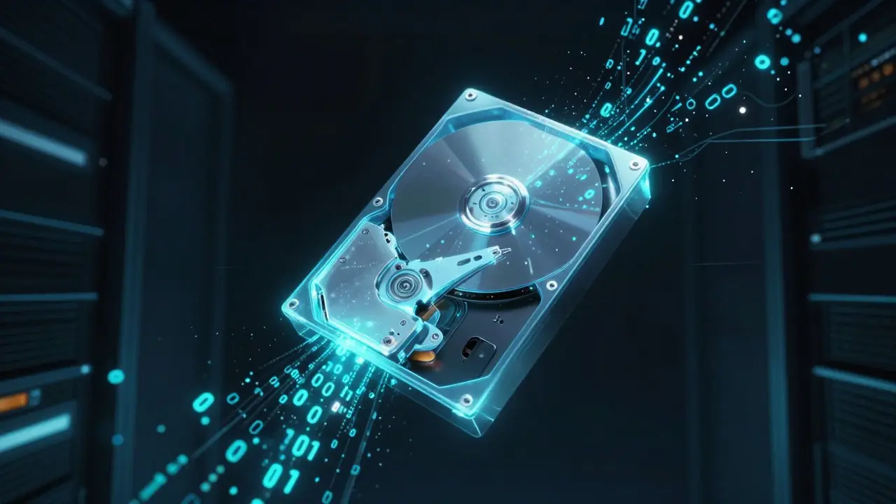 Abstract digital art of a hard drive dissolving into glowing binary code particles