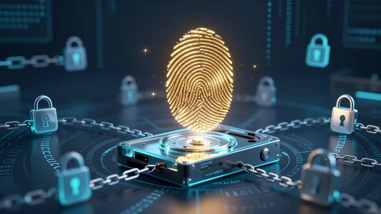Abstract digital art showing a glowing hash code securing a glass data drive