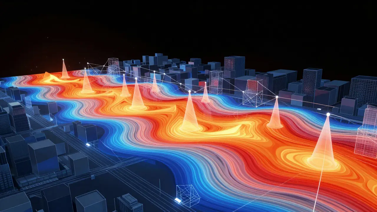 Abstract digital art showing heat maps and statistical overlays on a city grid.