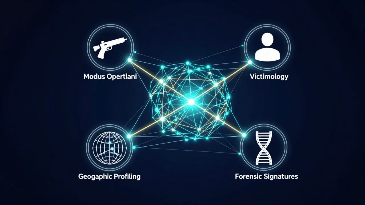 Abstract digital art showing interconnected nodes representing crime analysis pillars