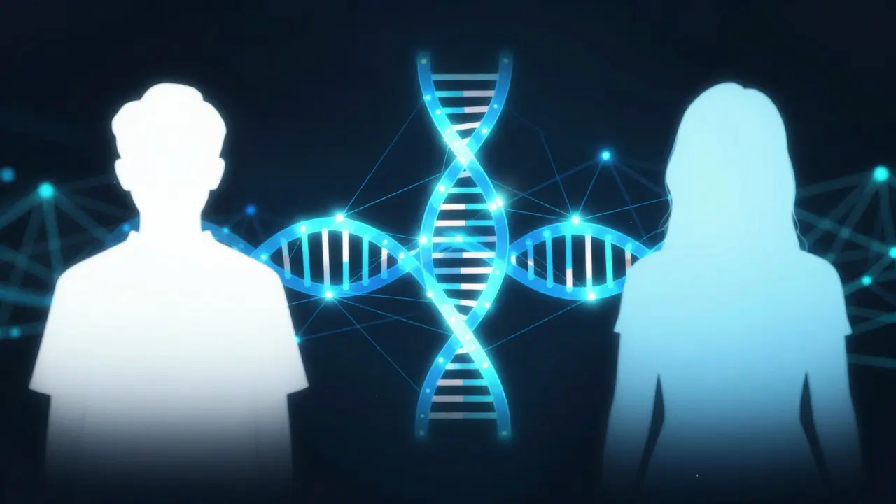 Abstract digital art showing two figures connected by a glowing DNA helix