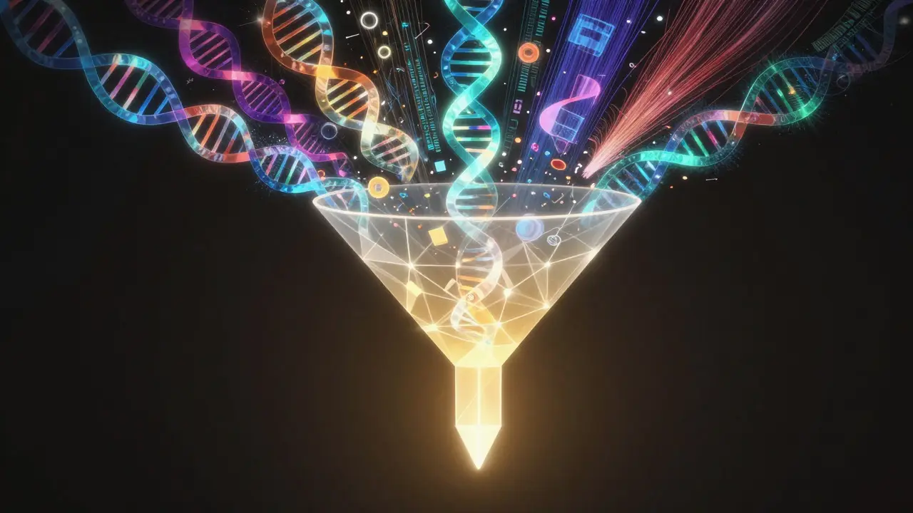 Abstract funnel illustrating data filtering into a conclusion