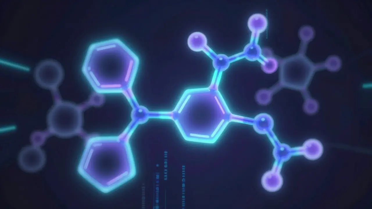 Abstract glowing molecular structures representing synthetic opioid analogs