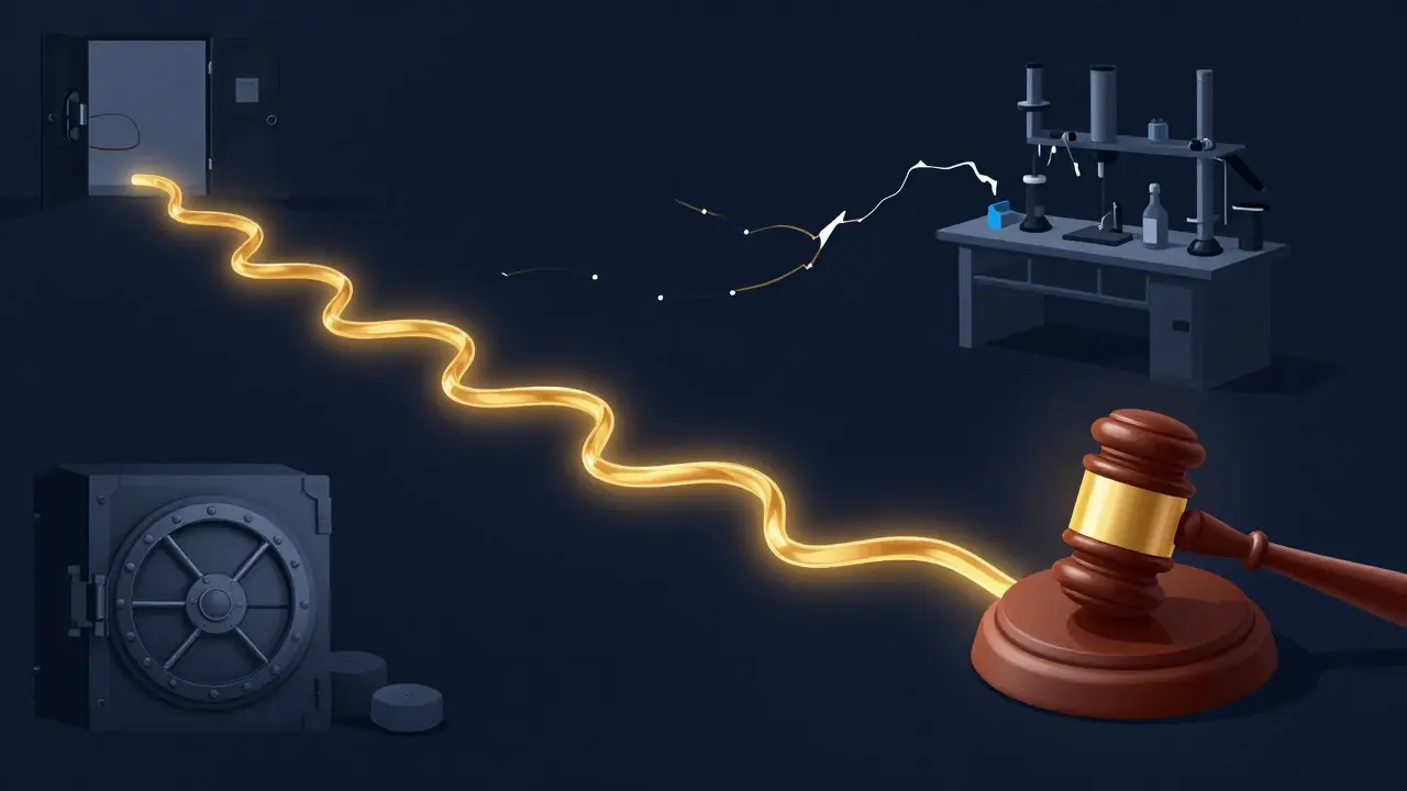 Abstract golden thread connecting crime scene to courtroom