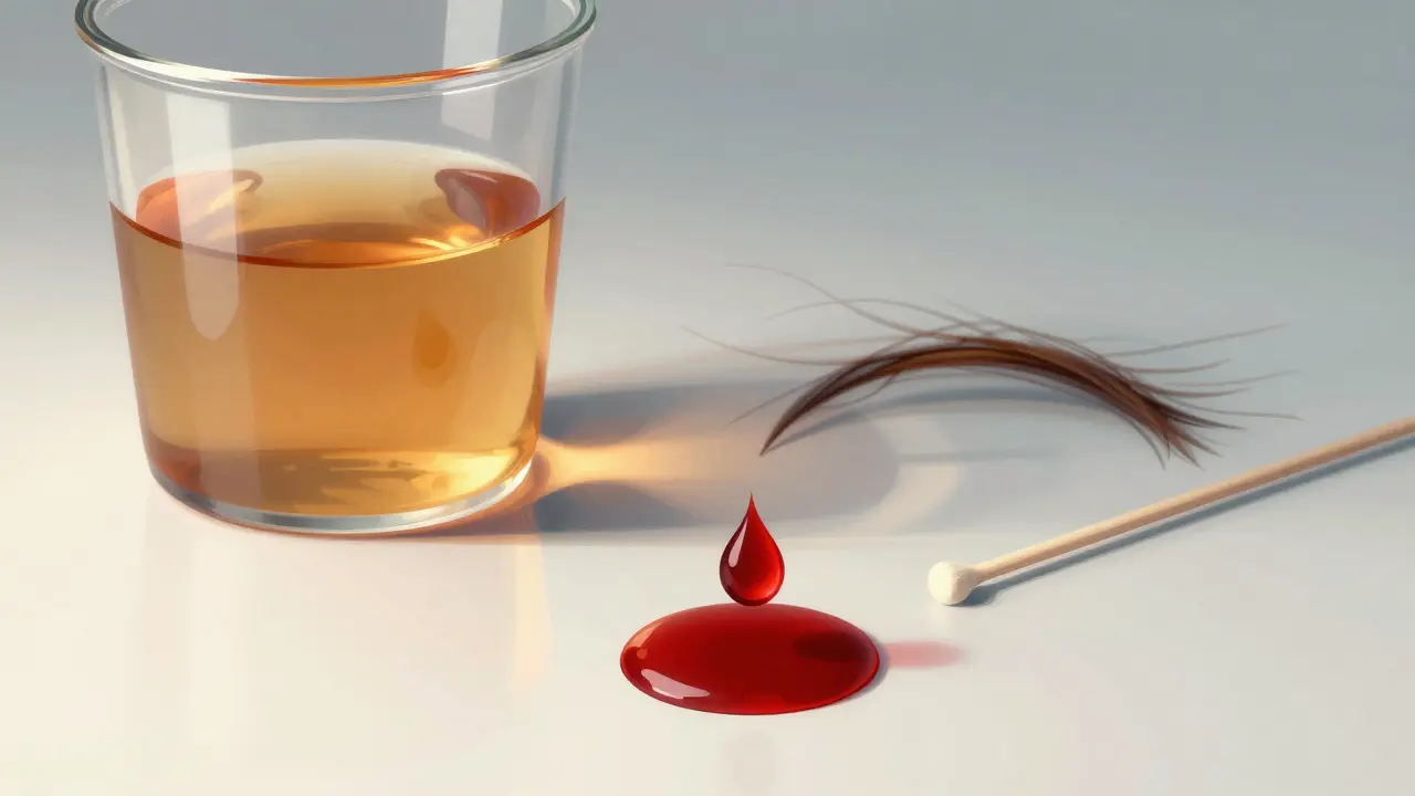Abstract illustration comparing blood, urine, and hair samples