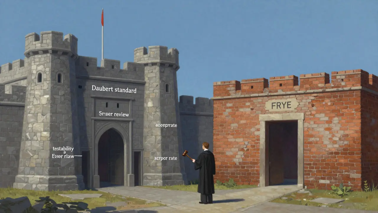 Abstract illustration comparing two different legal standards using architectural metaphors